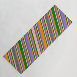 [ Thumbnail: Colorful Light Pink, Dim Grey, Purple, Dark Orange & Green Colored Stripes Pattern Yoga Mat ]