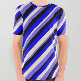 [ Thumbnail: Blue, Beige, Medium Slate Blue & Black Colored Stripes Pattern All Over Graphic Tee ]