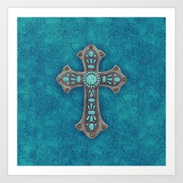 Turquoise Rustic Cross Art Print