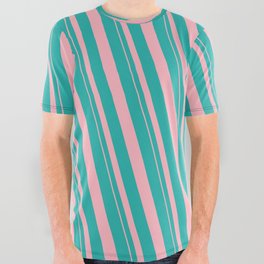 [ Thumbnail: Light Sea Green and Light Pink Colored Striped/Lined Pattern All Over Graphic Tee ]