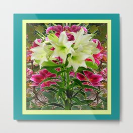 PURPLE & WHITE LILIES  TURQUOISE FLORAL MODERN ART Metal Print | Lilyflowers, Painting, Vintage, Easterlilies, Turquoiseart, Realism, Digital, Acrylic, Whitelilies, Gardenflowers 