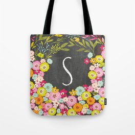 S botanical monogram. Letter initial with colorful flowers on a chalkboard background Tote Bag