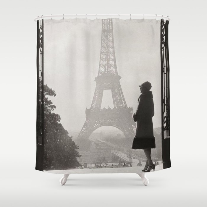 1920 Woman at the Gate, Eiffel Tower black and white photography / jazz age black & white photograph Shower Curtain
