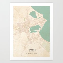 Tunis, Tunisia - Vintage Map Art Print