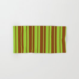 [ Thumbnail: Brown & Green Colored Striped/Lined Pattern Hand & Bath Towel ]