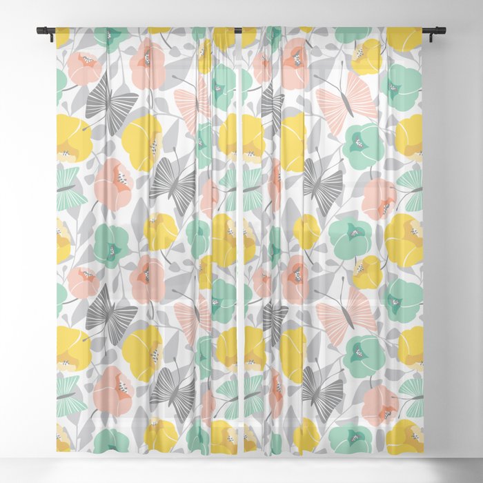 Butterfly Blossom Floral Peach Sheer Curtain By