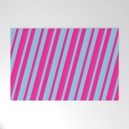 [ Thumbnail: Sky Blue & Deep Pink Colored Striped Pattern Welcome Mat ]