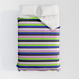 [ Thumbnail: Vibrant Violet, Chartreuse, Blue, Black & White Colored Stripes/Lines Pattern Comforter ]