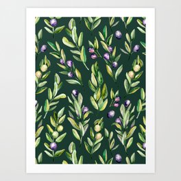 Scattered Olive Branches on Dark Green Art Print