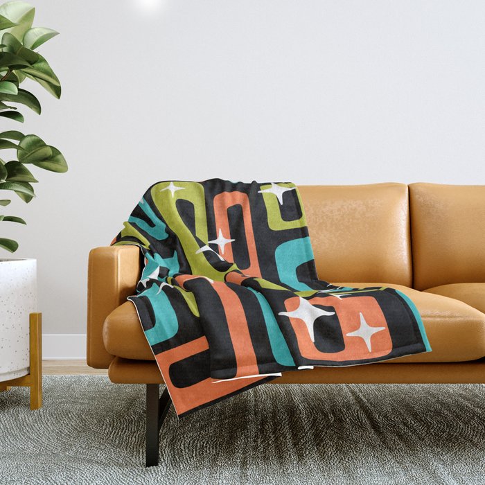 Retro Mid Century Modern Abstract Pattern 222 Googie Orange Chartreuse Turquoise Throw Blanket