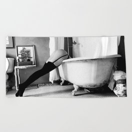 Head Over Heals - Female in Stockings in Vintage Parisian Bathtub black and white photography - photographs wall decor Beach Towel