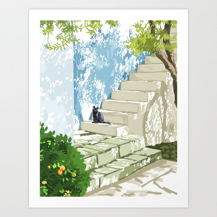 Black cat on the steps Poster, Greece Santorini summer travel pet painting Art Print