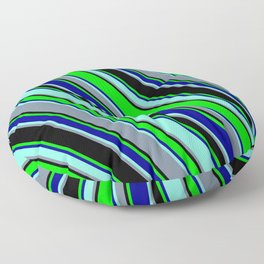 [ Thumbnail: Colorful Black, Lime, Dark Blue, Aquamarine, and Light Slate Gray Colored Lined Pattern Floor Pillow ]