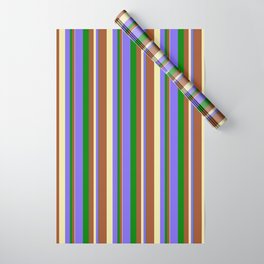 [ Thumbnail: Green, Medium Slate Blue, Pale Goldenrod, and Sienna Colored Striped Pattern Wrapping Paper ]