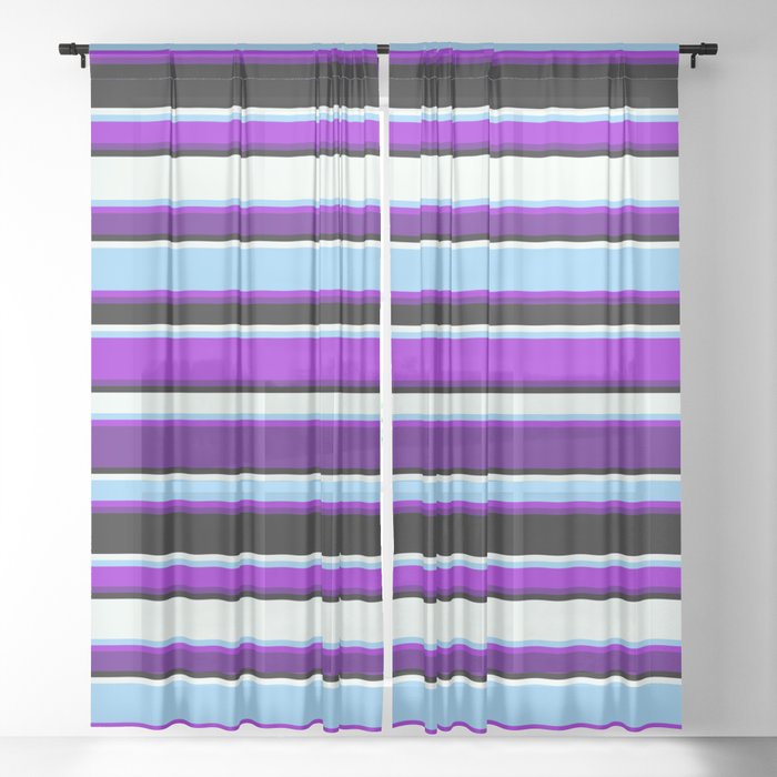Vibrant Light Sky Blue, Dark Violet, Indigo, Black, and Mint Cream Colored Striped Pattern Sheer Curtain