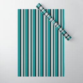 [ Thumbnail: Grey, Dark Cyan & Black Colored Lined Pattern Wrapping Paper ]