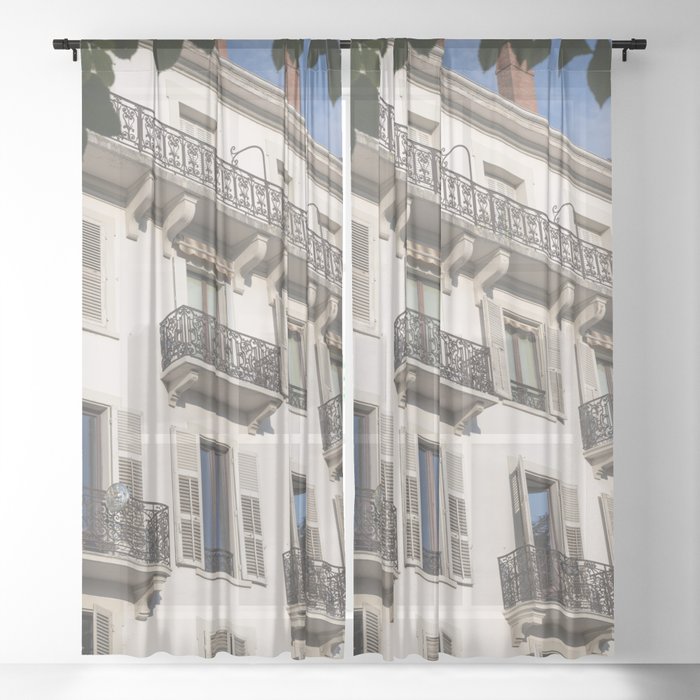 Paris balcony in the summer art print - blue sky french street and travel photography Sheer Curtain