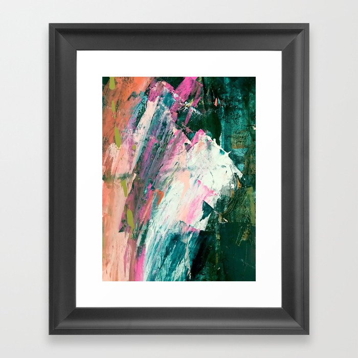Meditate [2]: a vibrant, colorful abstract piece in bright green, teal, pink, orange, and white Framed Art Print