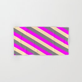 [ Thumbnail: Fuchsia, Beige, and Gray Colored Striped Pattern Hand & Bath Towel ]