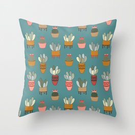 Cacti & Planters in Turquoise Throw Pillow