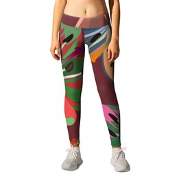 Lily - Colorful Floral Bouquet Art Pattern on Dark Red Leggings