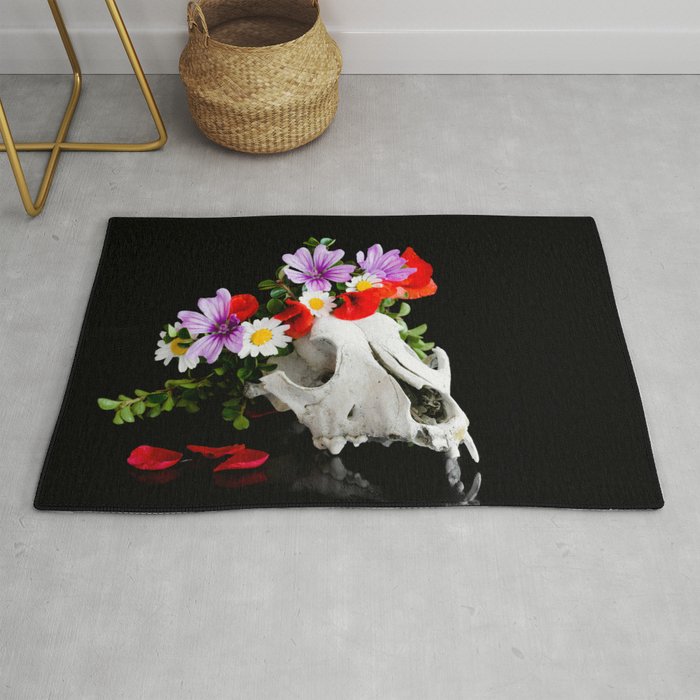 Animal skull with a wreath of wild flower Rug