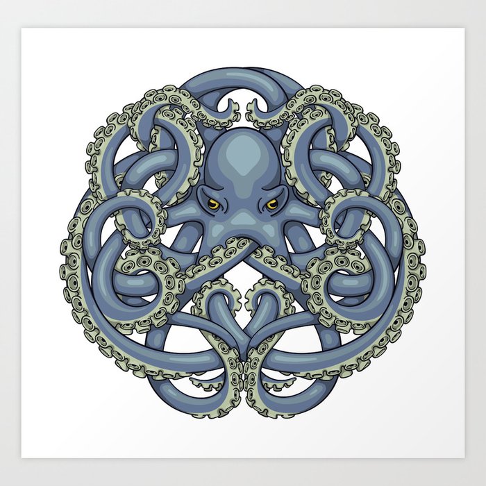 Octopus Emblem Blue Art Print