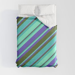 [ Thumbnail: Aquamarine, Slate Blue, Dark Olive Green, and Turquoise Colored Lines Pattern Duvet Cover ]