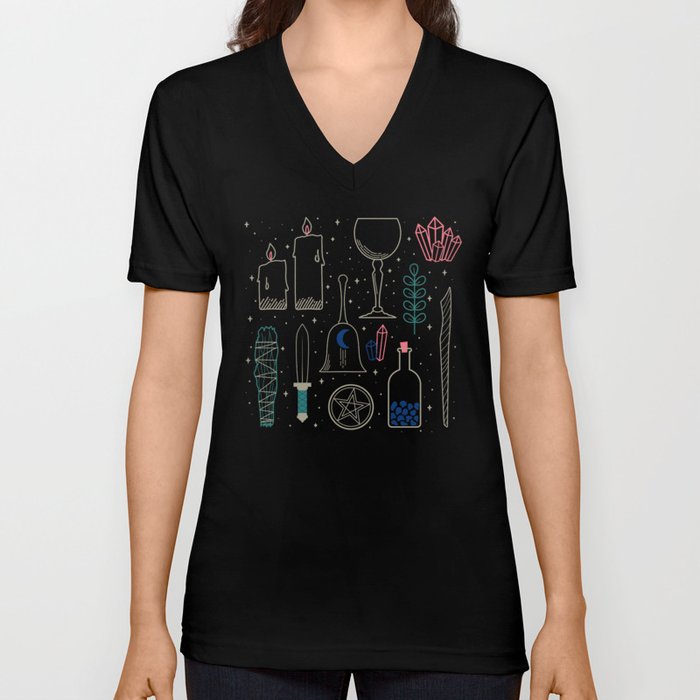 Witchcraft and magic ritual tools on blue V Neck T Shirt