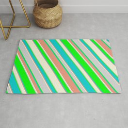 [ Thumbnail: Lime, Dark Turquoise, Dark Salmon, Beige, and Light Gray Colored Stripes/Lines Pattern Rug ]