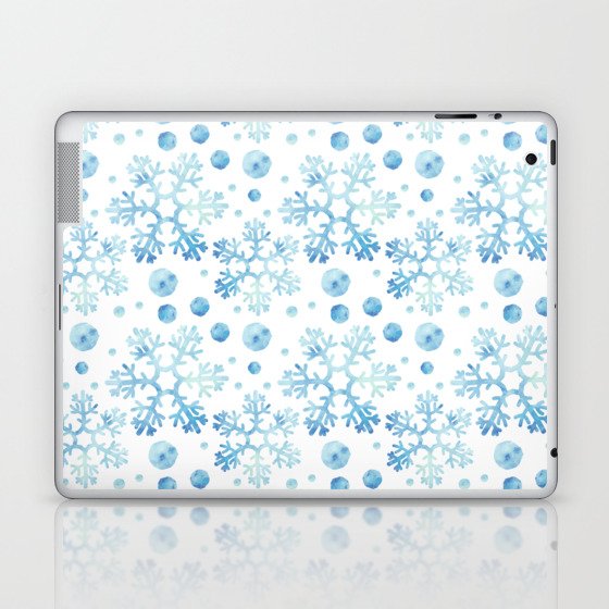 Christmas Pattern Watercolor Blue Snowflake Bauble Laptop & iPad Skin