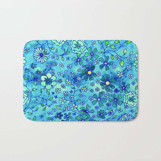 Greenish Yellow Small Flowers Bath Mat