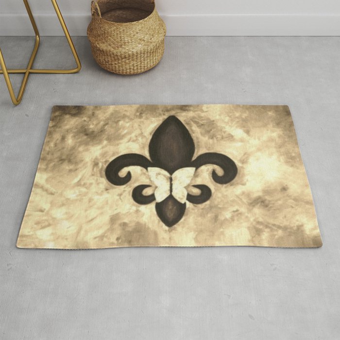 Sepia Gold and Brown Fleur de Lis with Butterfly Rug