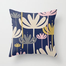 Bali Flowers Abstract Floral Pattern in Mustard, Pink, Gray, and Navy Blue Throw Pillow