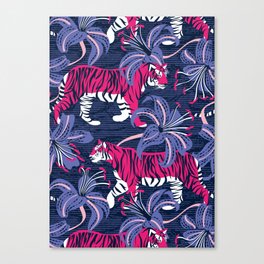 Tigers in a tiger lily garden // textured navy blue background fuchsia pink wild animals very peri flowers Canvas Print
