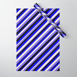 [ Thumbnail: Blue, Beige, Medium Slate Blue & Black Colored Stripes Pattern Wrapping Paper ]