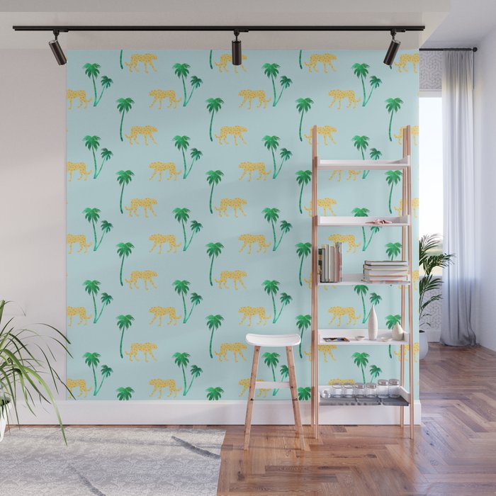 Animal Print Yellow Cheetah under Green Palm Trees on Muted Blue Background Wall Mural