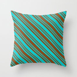 [ Thumbnail: Dark Turquoise & Brown Colored Lines/Stripes Pattern Throw Pillow ]