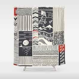 Seamless patchwork pattern from abstract doodles. Hand drawn collage in black, red and beige. Vintage illustration Shower Curtain