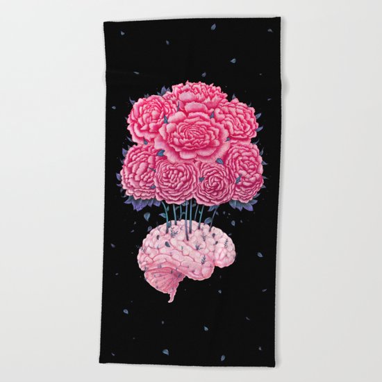 Brain with peonies on black Beach Towel