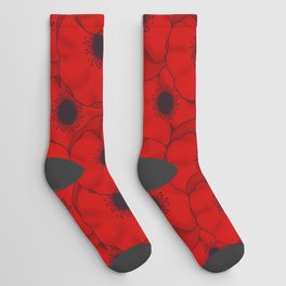 red flowers with black poppies pattern Socks