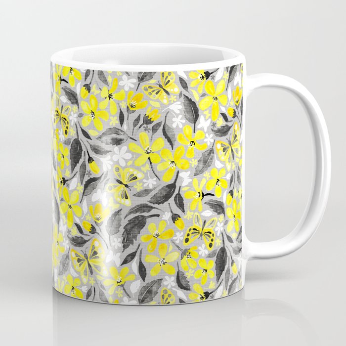Buttercup Yellow and Silver Grey Watercolor Floral with Butterflies Coffee Mug