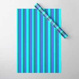 [ Thumbnail: Royal Blue, Dark Cyan, and Aqua Colored Stripes/Lines Pattern Wrapping Paper ]