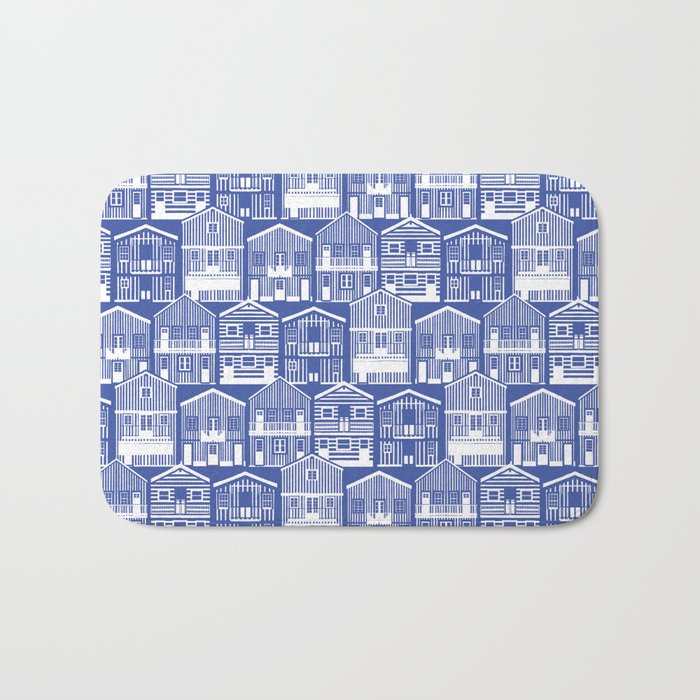 Monochromatic Portuguese houses // electric blue background white striped Costa Nova inspired houses Bath Mat