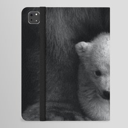 Baby polar bear cub snuggled by mom black and white nature animals photograph - photography - photographs iPad Folio Case