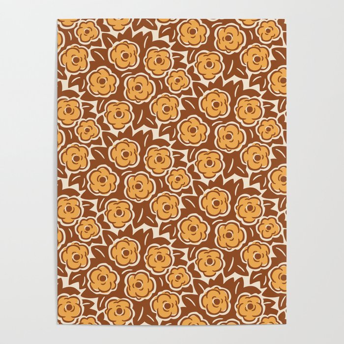 Flower Bouquet Pattern Brown and Yellow Ochre Poster