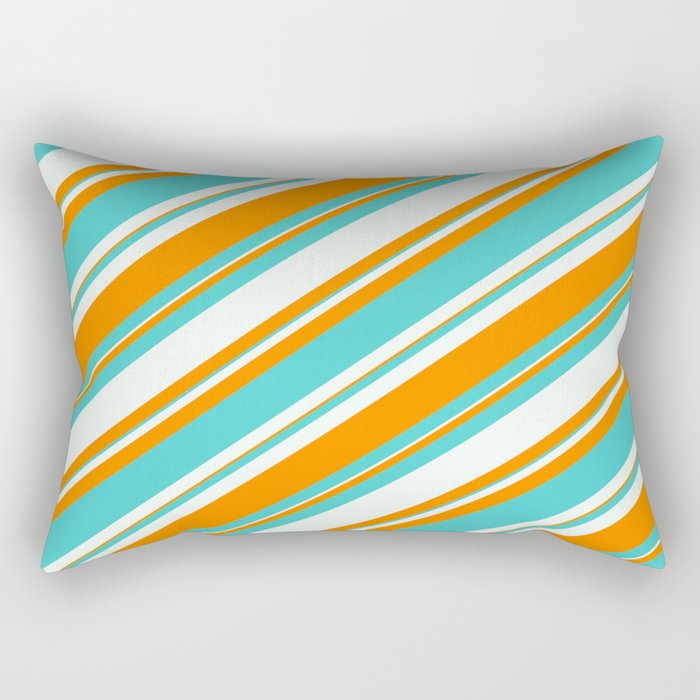 Mint Cream, Dark Orange & Turquoise Colored Lined/Striped Pattern Rectangular Pillow