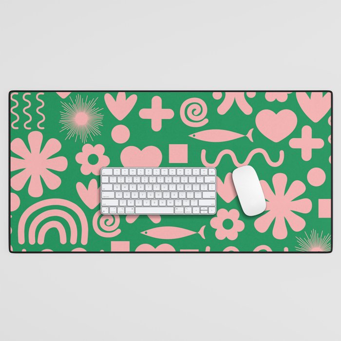 Natural Miscellany Pattern in Blush Pink and Bright Green Desk Mat