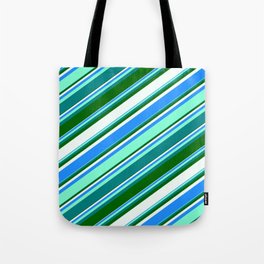 [ Thumbnail: Colorful Blue, Aquamarine, Teal, Dark Green, and Mint Cream Colored Lines/Stripes Pattern Tote Bag ]
