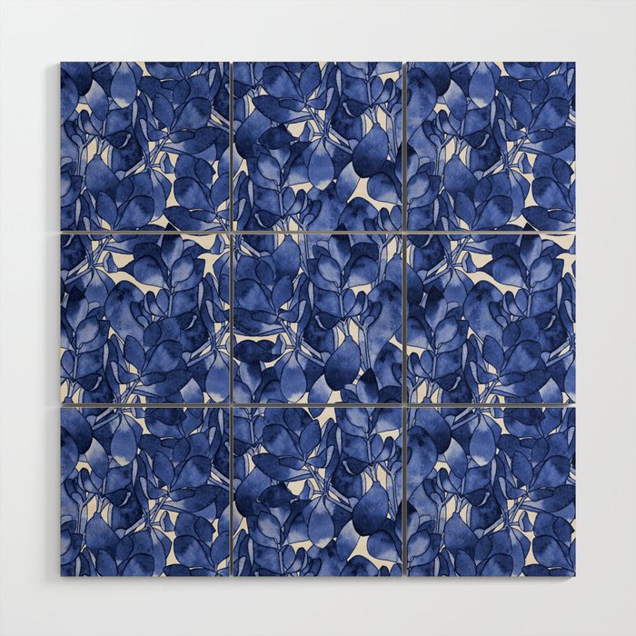 Botanical Navy Blue Pattern Wood Wall Art